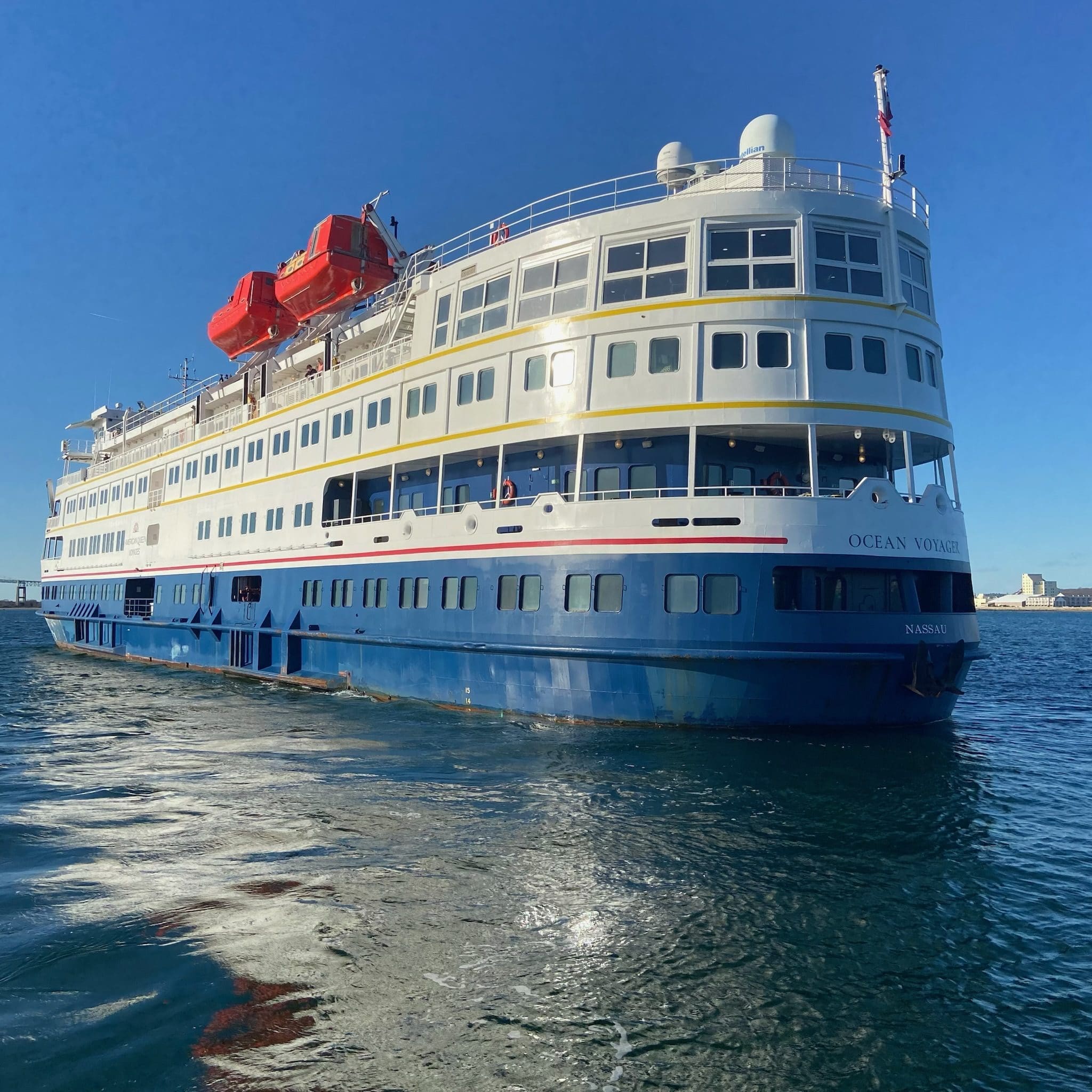 About Large blue and white cruise ship