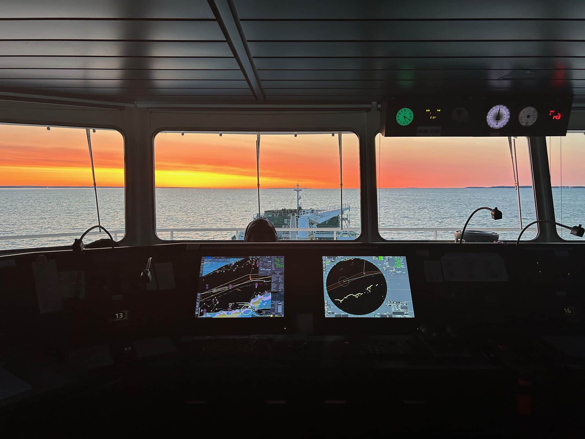 About Ship bridge sunset view